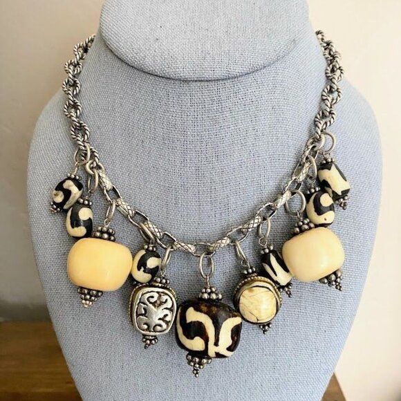 Statement African Batik Bone Bead Necklace Tribal 925 Silver Chunky Boho - Picture 2 of 5